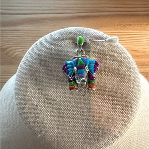 Solid Sterling Silver Turquoise Baby Elephant Pendant in Turquoise & Coral